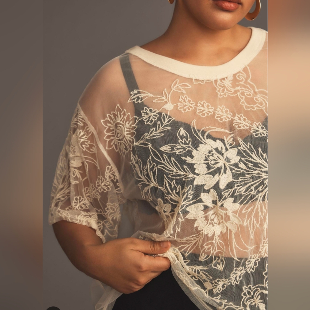NWT By Anthropologie Cream Embroidered Sheer Top